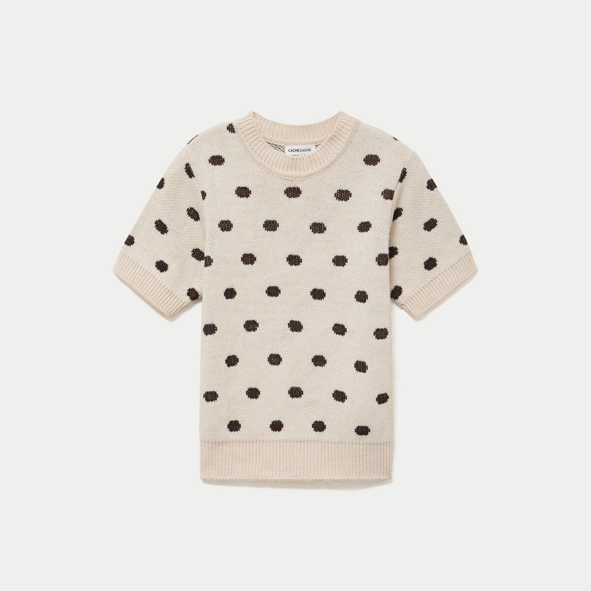 Pull cintr&eacute; col rond manches courtes ecru femme