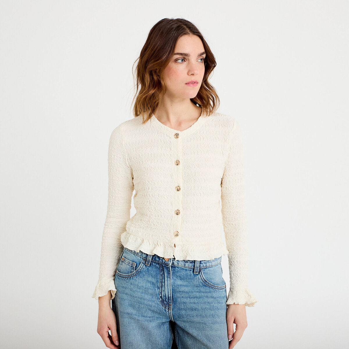 Gilet col rond manches longues ecru femme