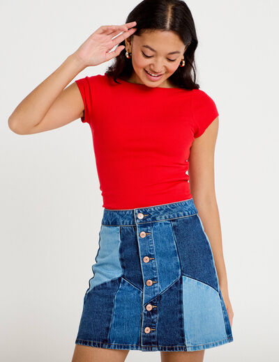 Jupe courte &eacute;vas&eacute;e taille haute en jean denim double stone femme