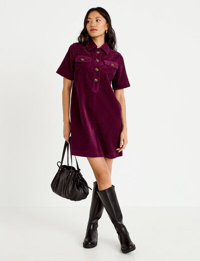 Robe courte droite en velours coton prune femme