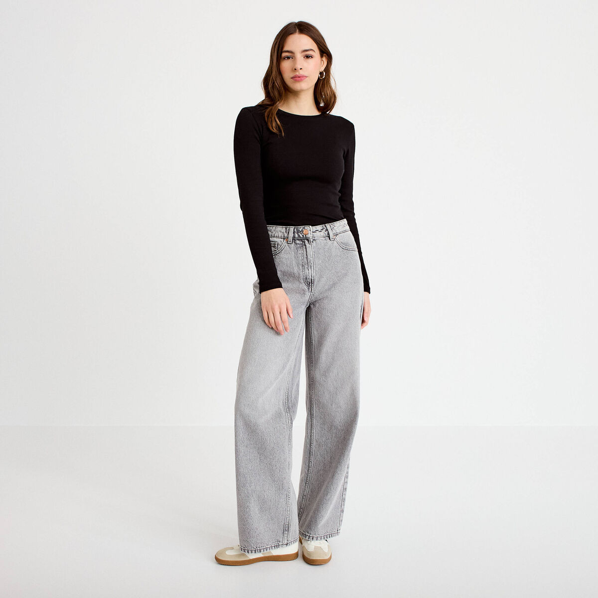 Jeans wide leg taille haute denim gris femme