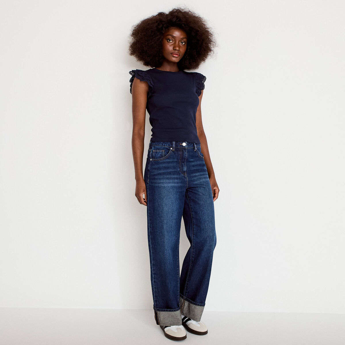 D&eacute;bardeur volants brod&eacute;s bleu marine femme
