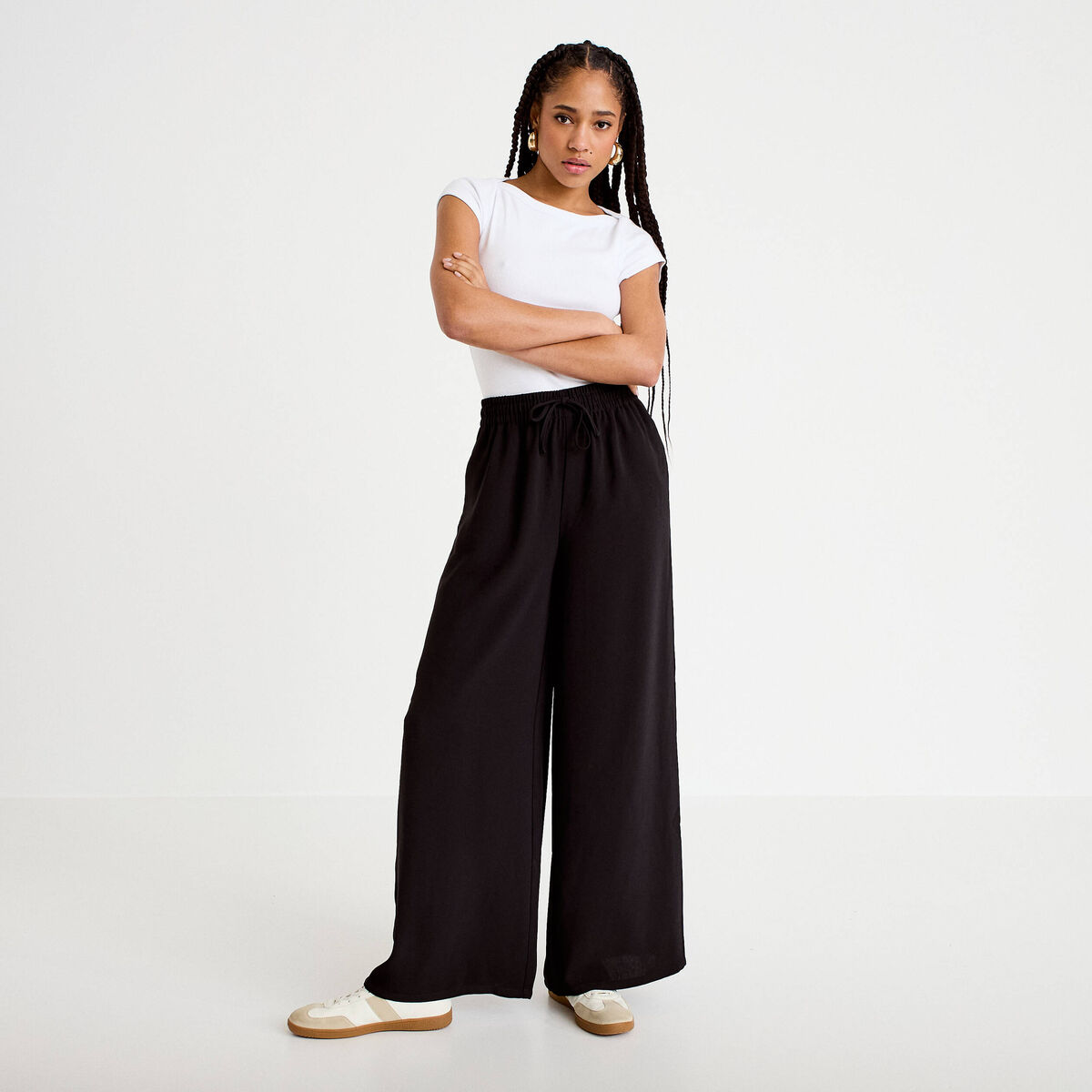 Pantalon large taille standard noir femme