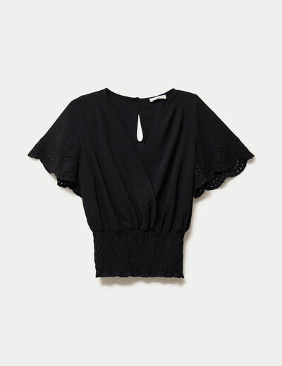 Blouse cintr&eacute;e cropped manches courtes noir femme