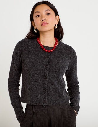 Gilet boutonn&eacute; manches longues gris fonc&eacute; femme