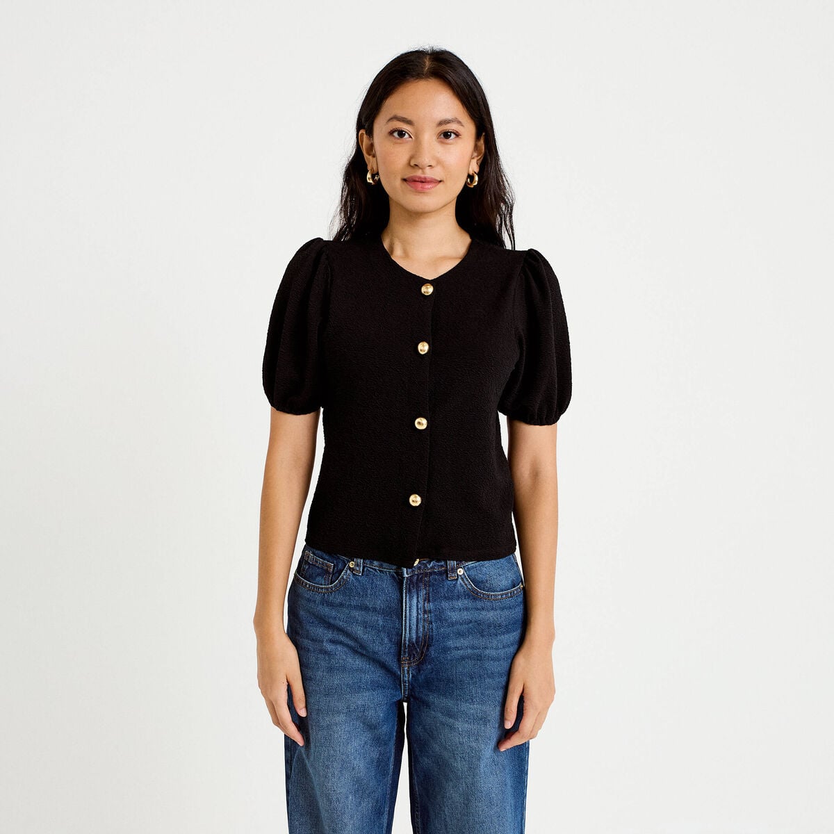 Blouse droite manches courtes noir femme