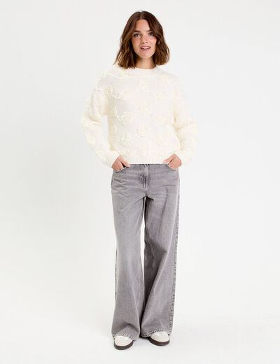 Pull fleurs en relief ecru femme