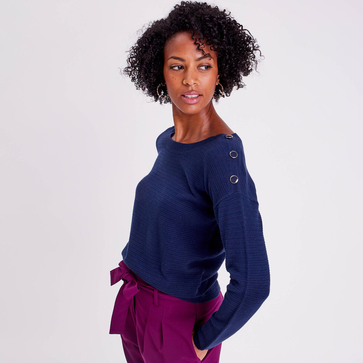 Pull avec boutons bleu marine femme