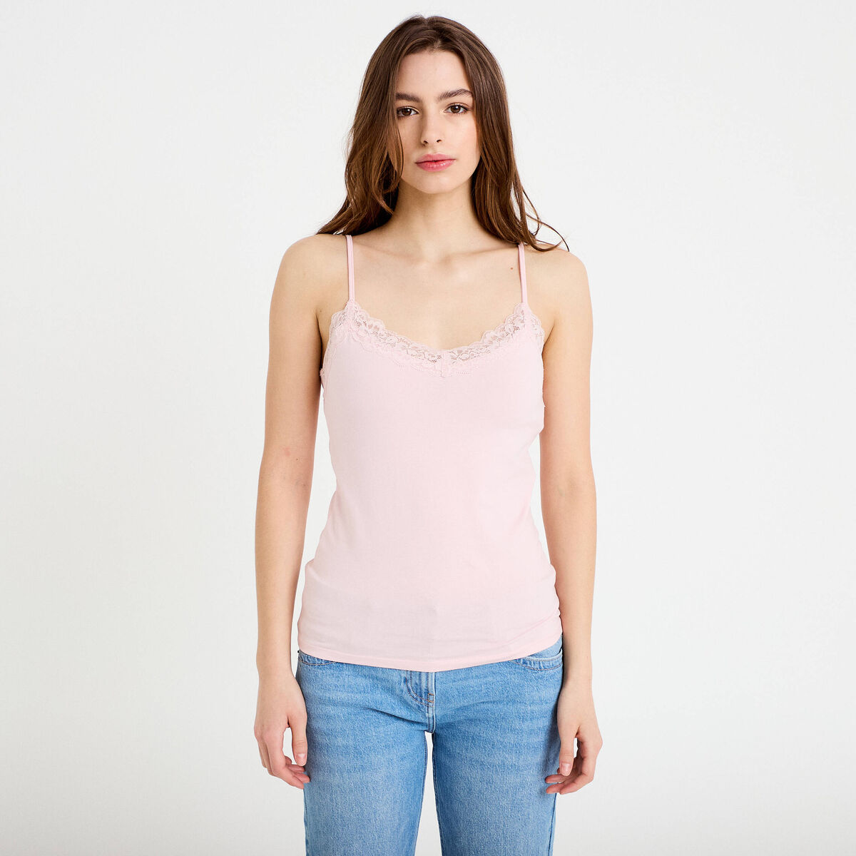 D&eacute;bardeur ajust&eacute; d&eacute;collet&eacute; dentelle rose clair femme