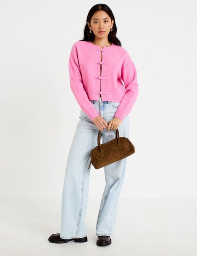 Gilet col rond manches longues avec lien rose clair femme