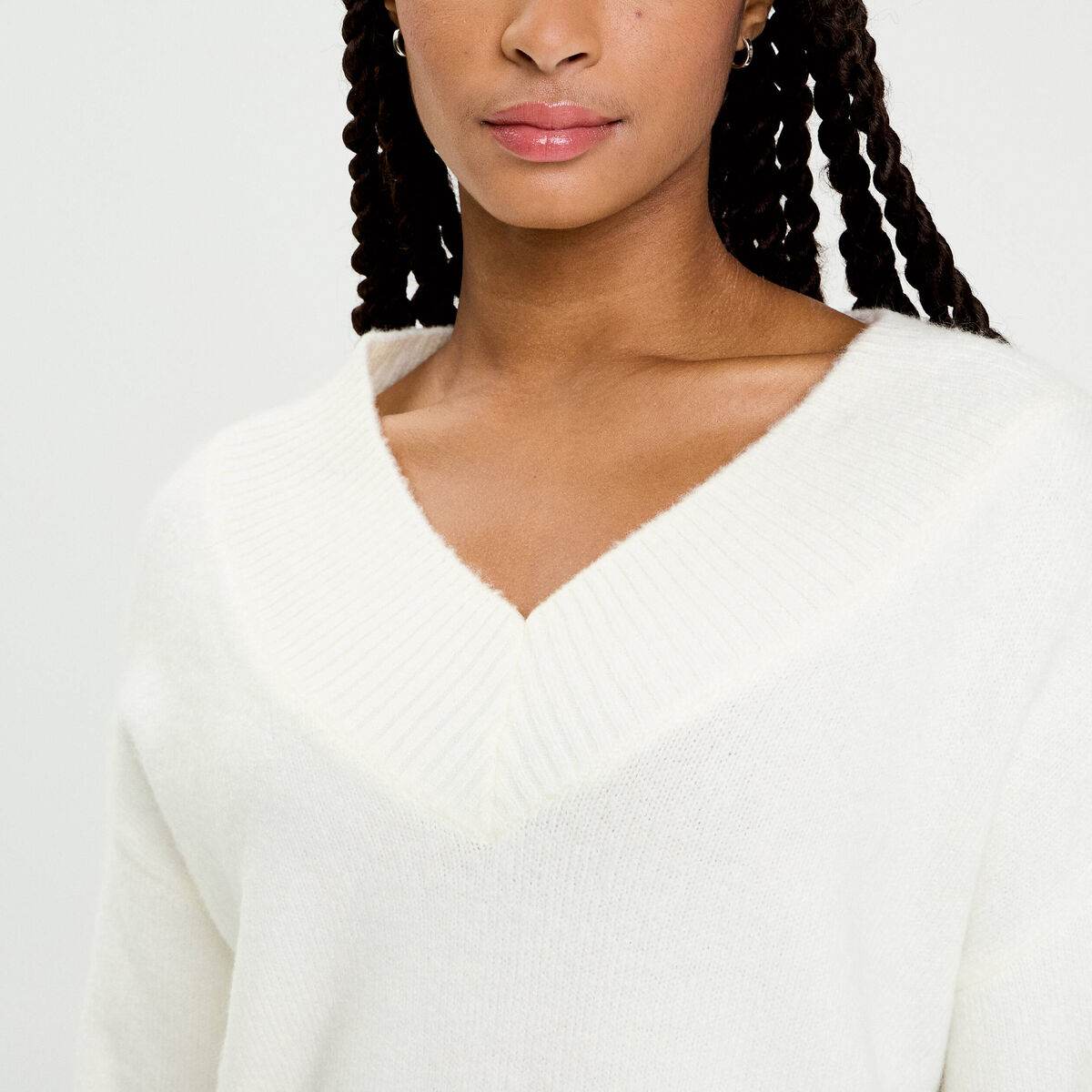 Pull oversize col v manches longues ecru femme