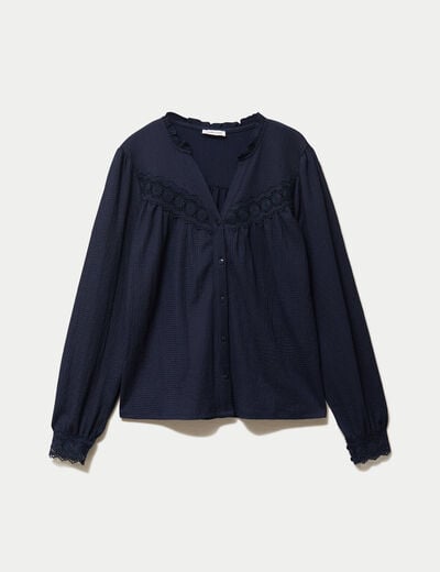 Blouse maille relief&eacute;e bleu marine femme