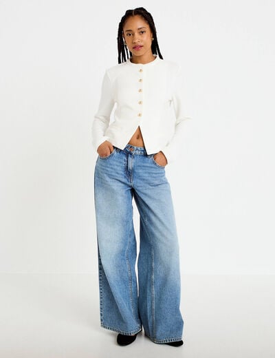 Veste tweed droite cropped col rond ecru femme
