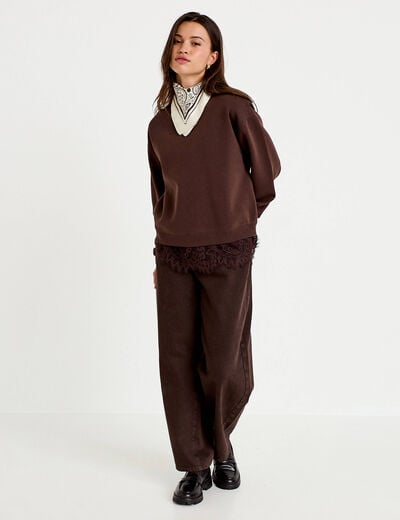 Sweat droit col rond d&eacute;tail dentelle marron fonc&eacute; femme