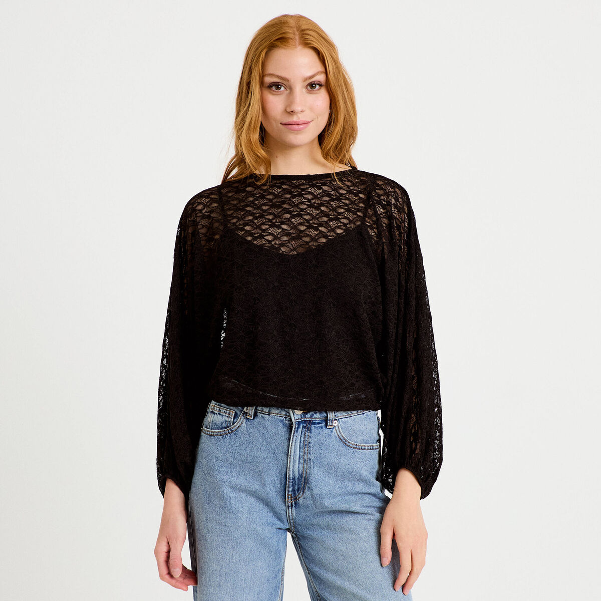 Blouse dentelle col rond manches longues noir femme