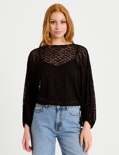 Blouse dentelle col rond manches longues noir femme