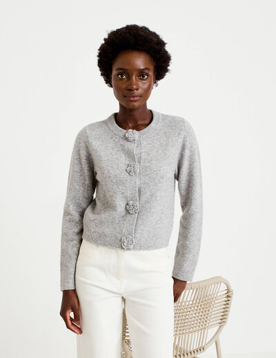 Gilet manches longues col rond gris clair femme