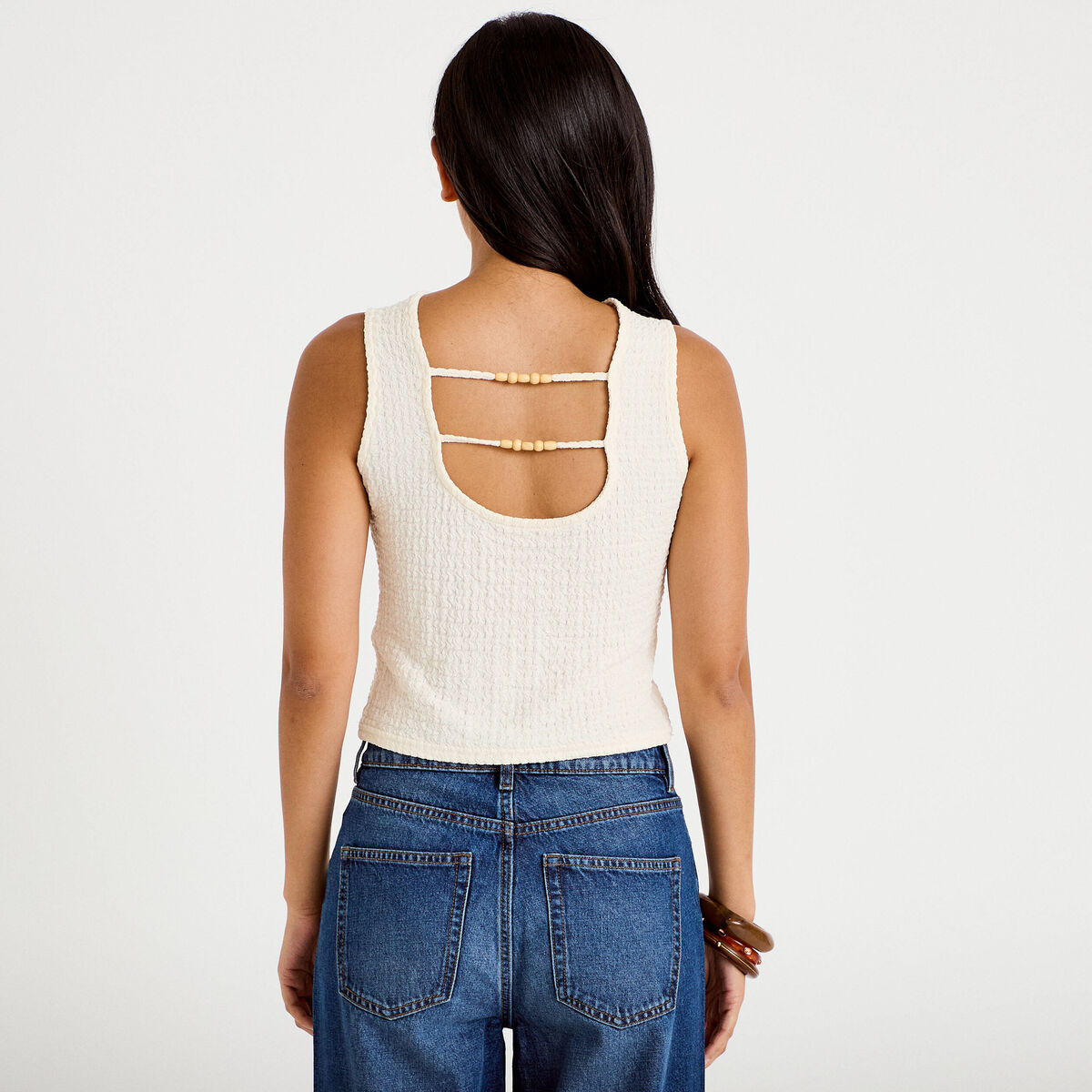 Top pliss&eacute; col rond manches courtes ecru femme