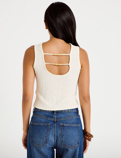 Top pliss&eacute; col rond manches courtes ecru femme