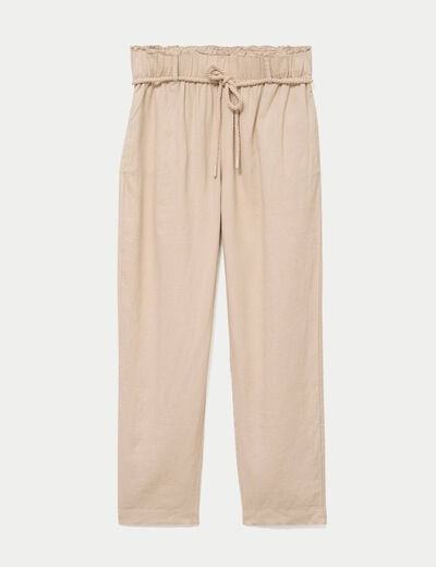 Pantalon droit 7/8&egrave;me taille haute sable femme