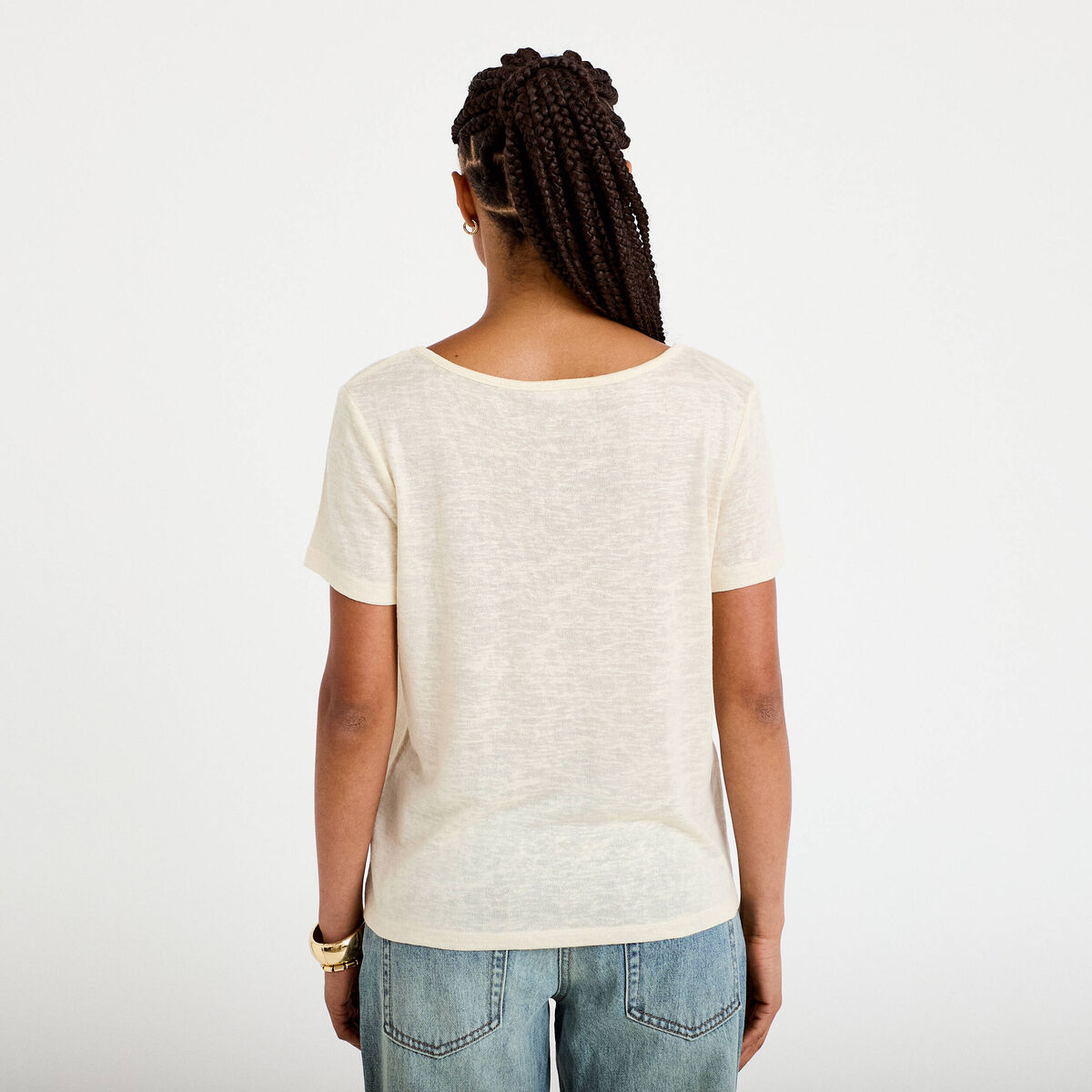 T-shirt col v dentelle manches courtes couleur or femme
