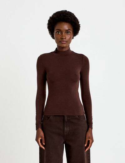 T-shirt ajust&eacute; col roul&eacute; dentelle marron fonc&eacute; femme