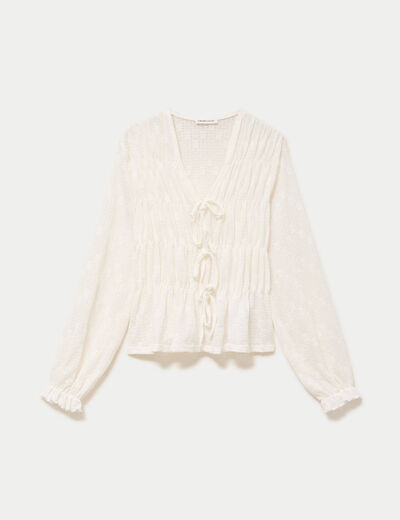 Blouse ajust&eacute;e col v dentelle pliss&eacute;e ecru femme
