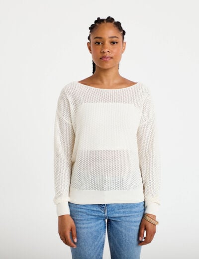Pull ample ajour&eacute; manches longues ecru femme