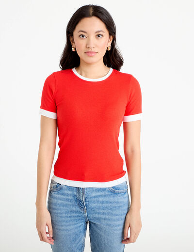 T-shirt ajust&eacute; col rond manches courtes rouge femme