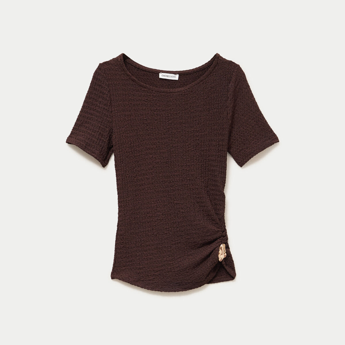 T-shirt col rond manches courtes bijou marron fonc&eacute; femme