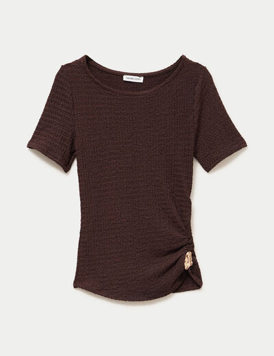 T-shirt col rond manches courtes bijou marron fonc&eacute; femme