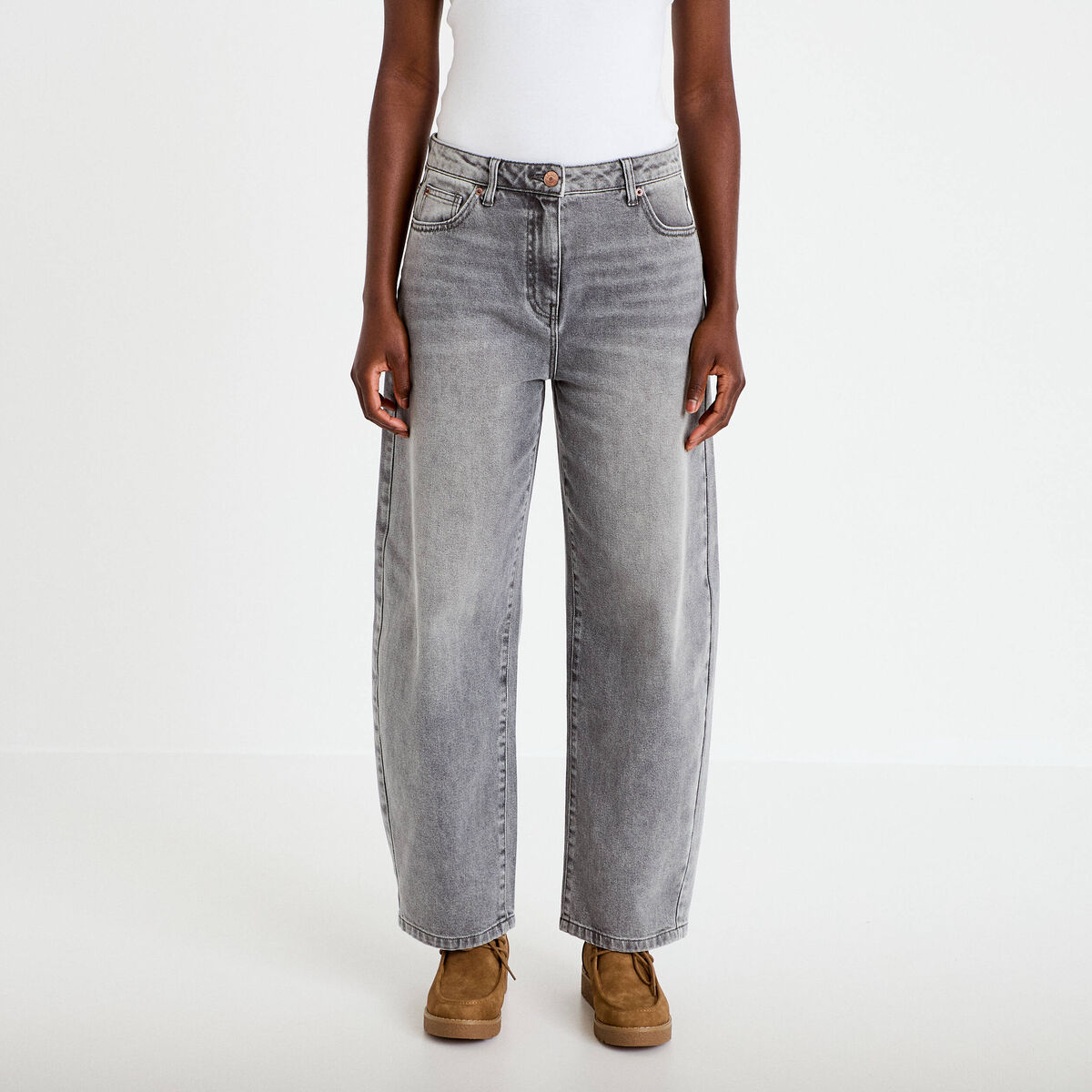 Jean barrel cropped taille standard denim gris femme