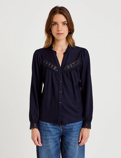 Blouse maille relief&eacute;e bleu marine femme