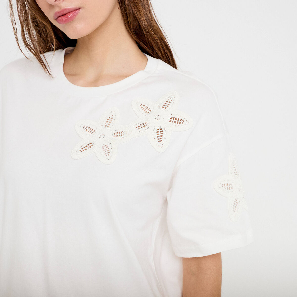 T-shirt col rond manches courtes ecru femme