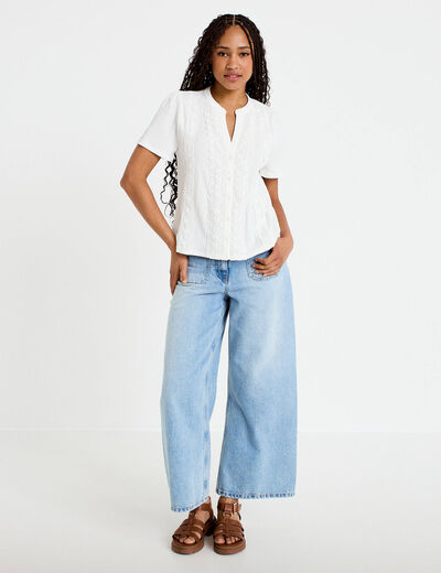 Blouse plastron brod&eacute; manches courtes ecru femme