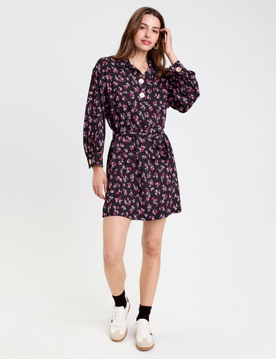 Robe courte droite col chemise noir femme