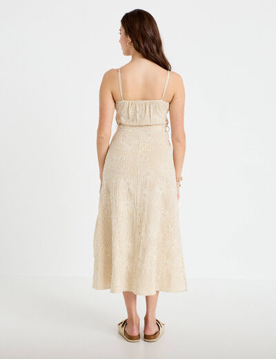 Robe droite 3/4 col v fines bretelles beige moyen femme