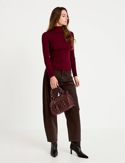 Pull c&ocirc;tel&eacute; col roul&eacute; bordeaux femme