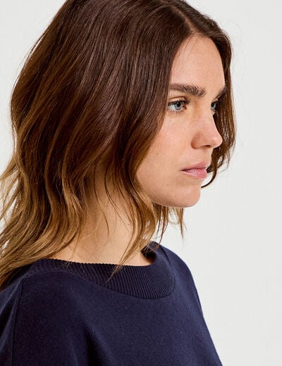 Sweat duveteux col rond manches longues bleu marine femme