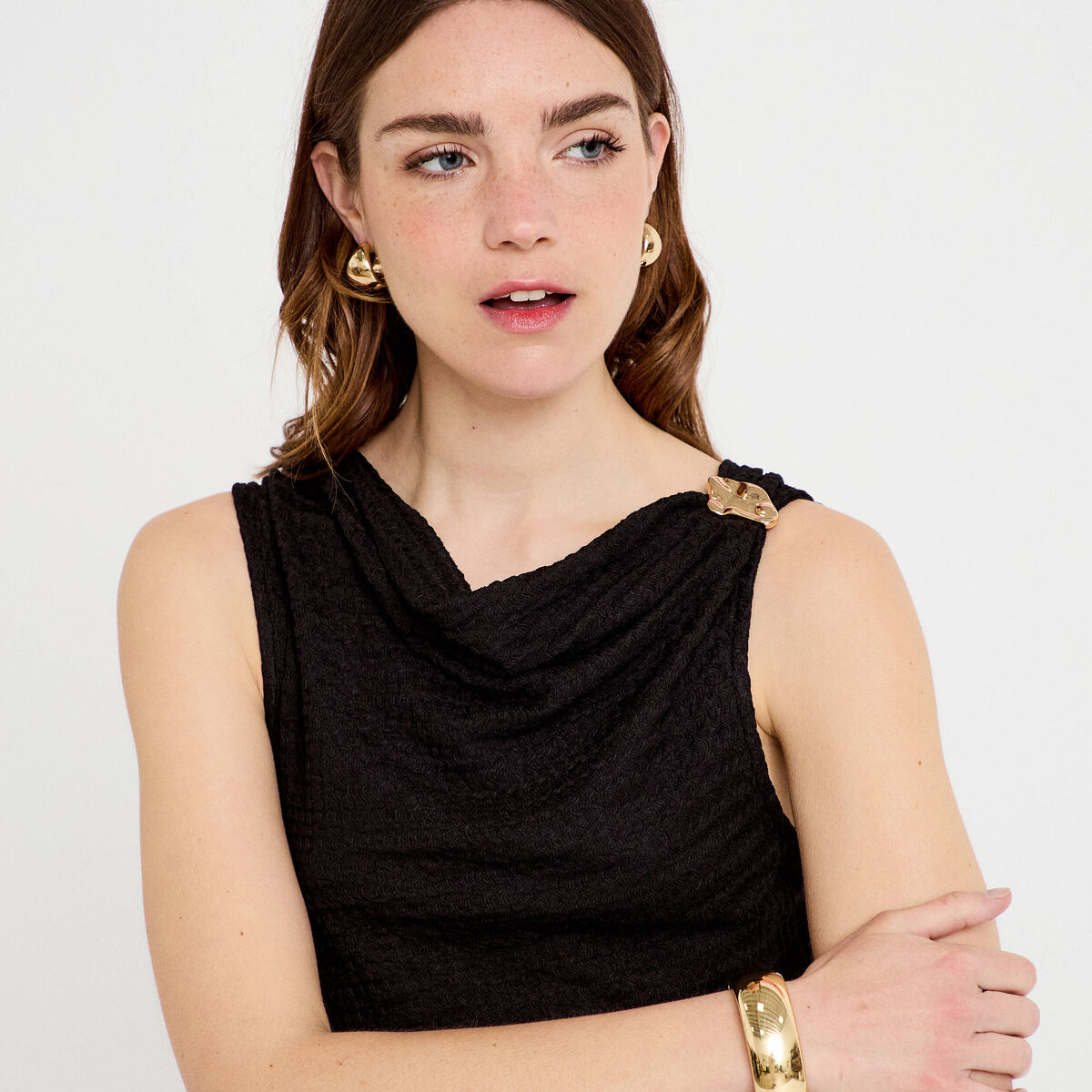 Robe midi droite sans manches en maille noir femme