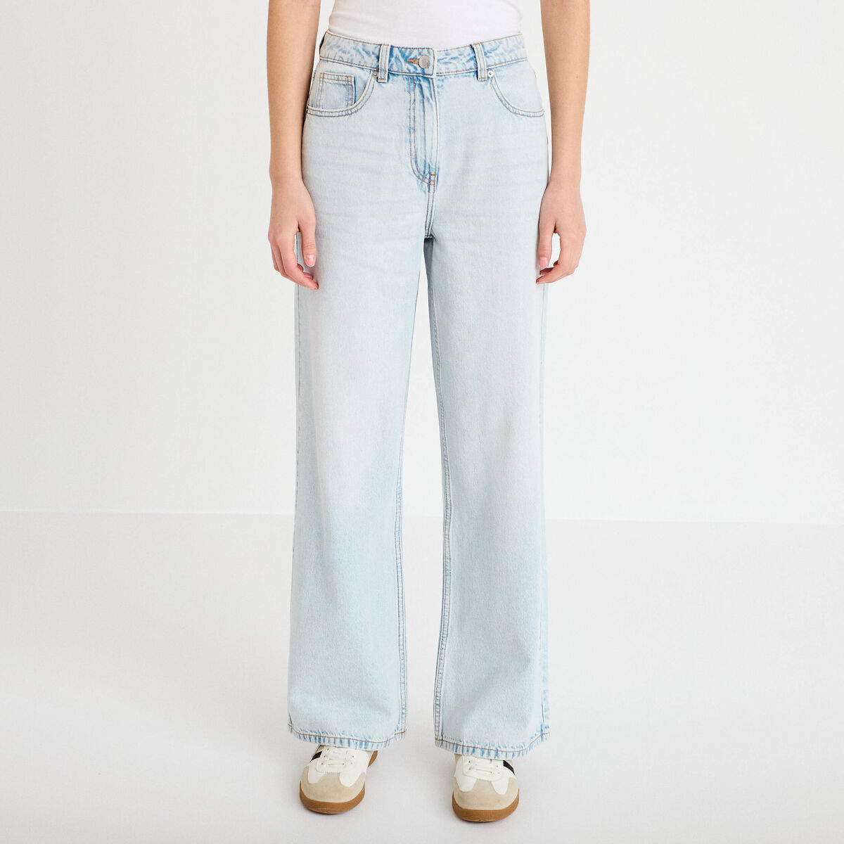 Jeans wide leg taille haute denim bleach femme