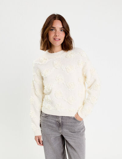 Pull fleurs en relief ecru femme