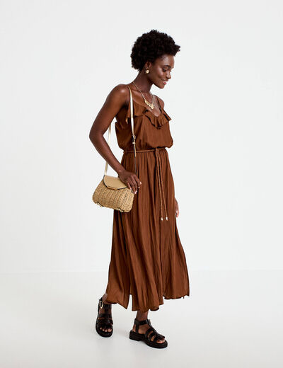 Robe longue &eacute;vas&eacute;e col v bretelles marron femme