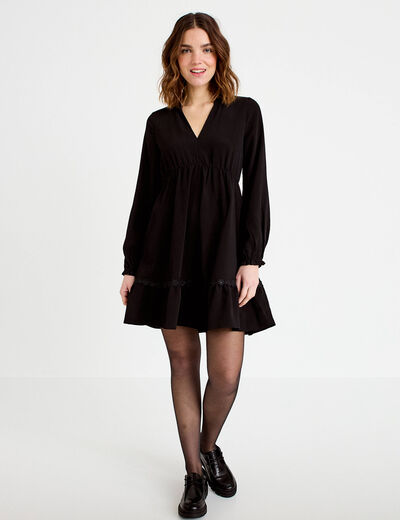Robe &eacute;vas&eacute;e col v manches longues noir femme