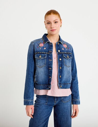 Veste en jean broderie d&eacute;tails clout&eacute;s denim double stone femme