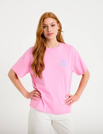 T-shirt droit col rond manches courtes rose corail femme