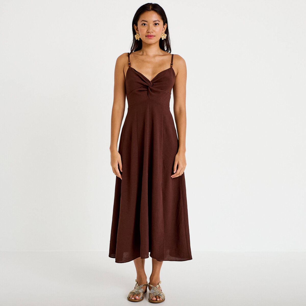 Robe longue &eacute;vas&eacute;e fendue marron femme