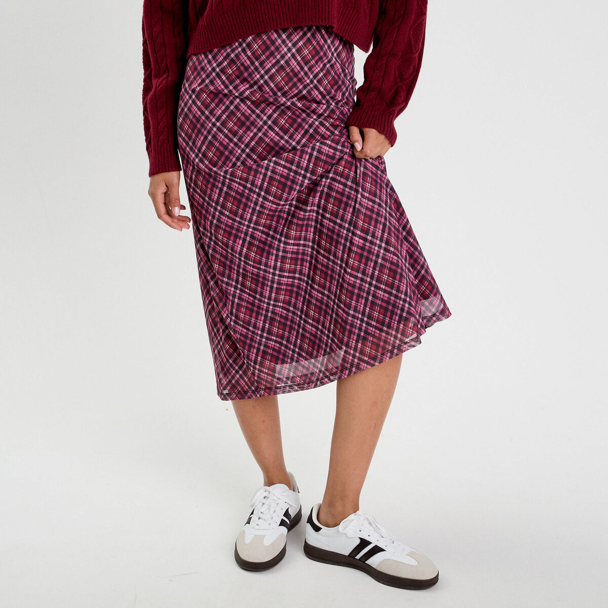 Jupe longue &eacute;vas&eacute;e rouge cerise femme