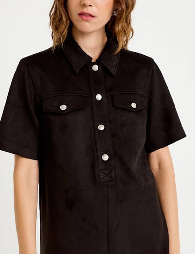 Robe droite 3/4 manches courtes daim noir femme