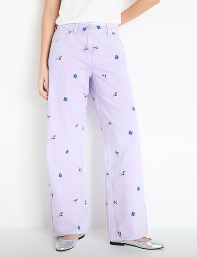 Jean wide leg brod&eacute; Bridgerton mauve femme